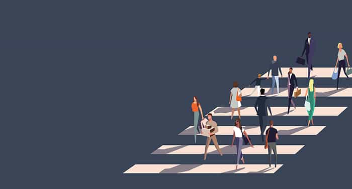 illustration of a variety of different people navigating a crosswalk